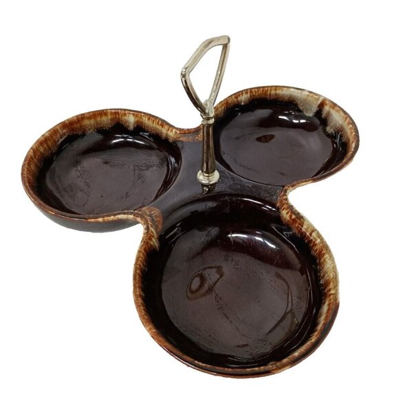 VTG Pfatzgraff Pottery Porcelain Brown Drip Glazed 3 Way Divided Serving Dish - Picture 1 of 9